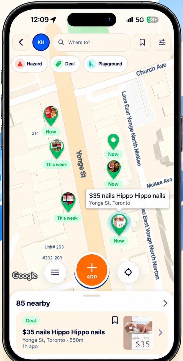 Lanlo map with a real $35 nails deal pin near Yonge St