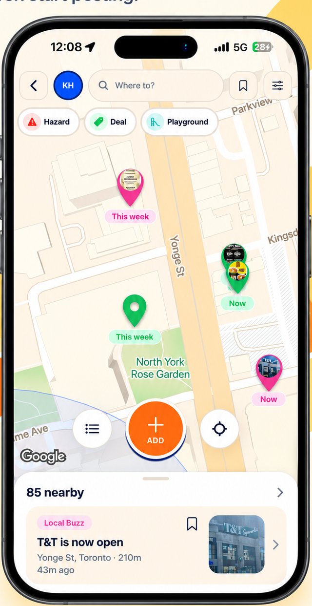 Lanlo live map screen with hazard, deal and event pins near Yonge St